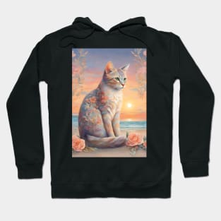 Floral Pastel Cat With Beach Sunset Hoodie